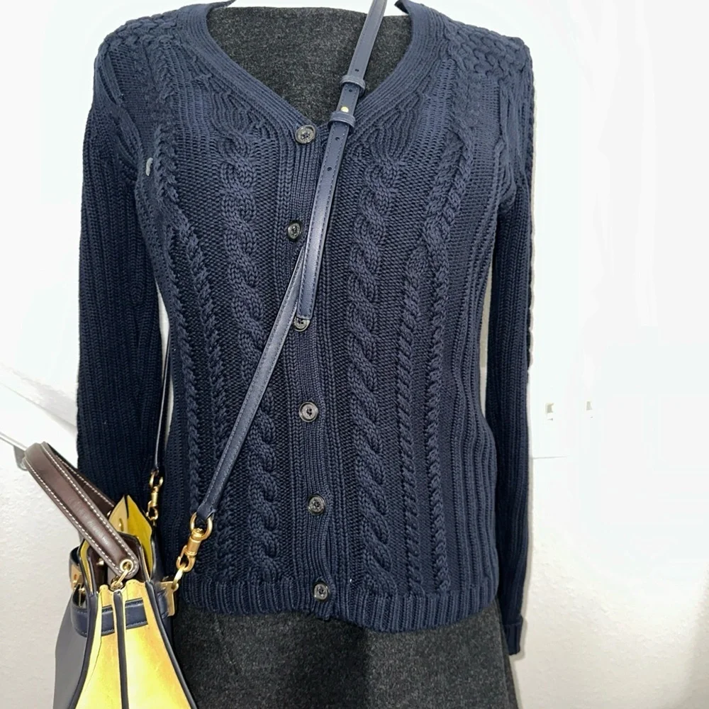 NWOT Brooks brothers button down v neck cotton navy cable knit cardigan